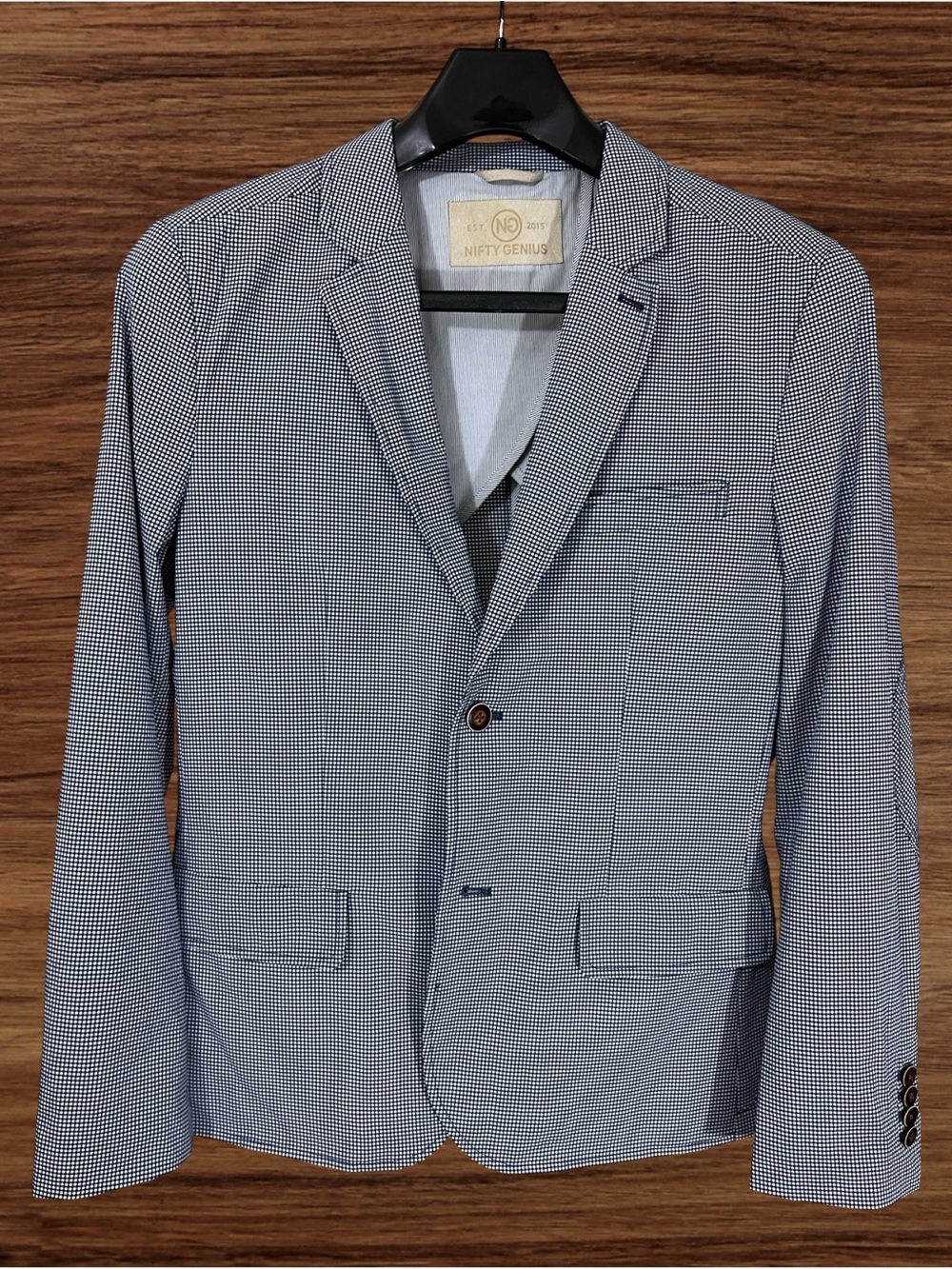 Nifty Genius Men’s Lightweight Navy Blue Micro-check Jacket. Size Small - Picture 2 of 15